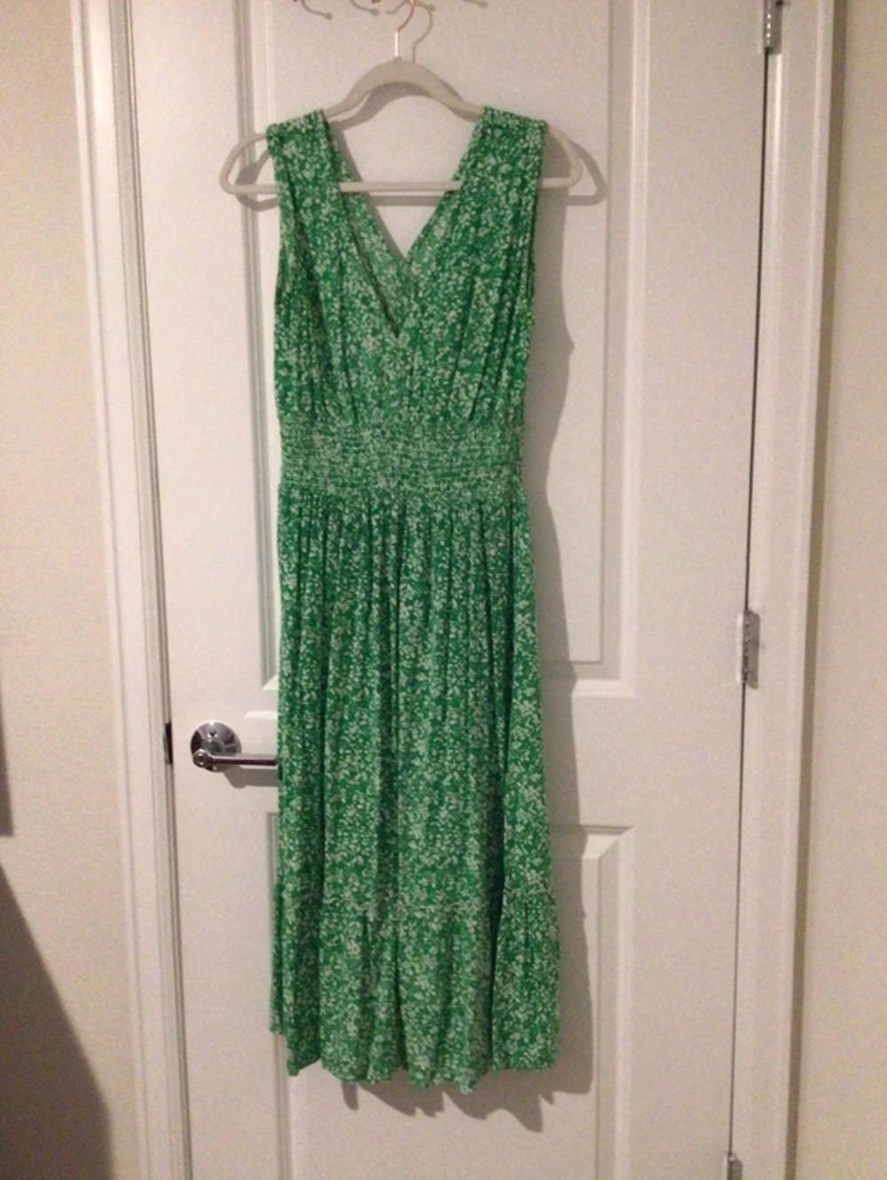 Dex Green Floral Midi Dress with V-Neck and Smocked Waist